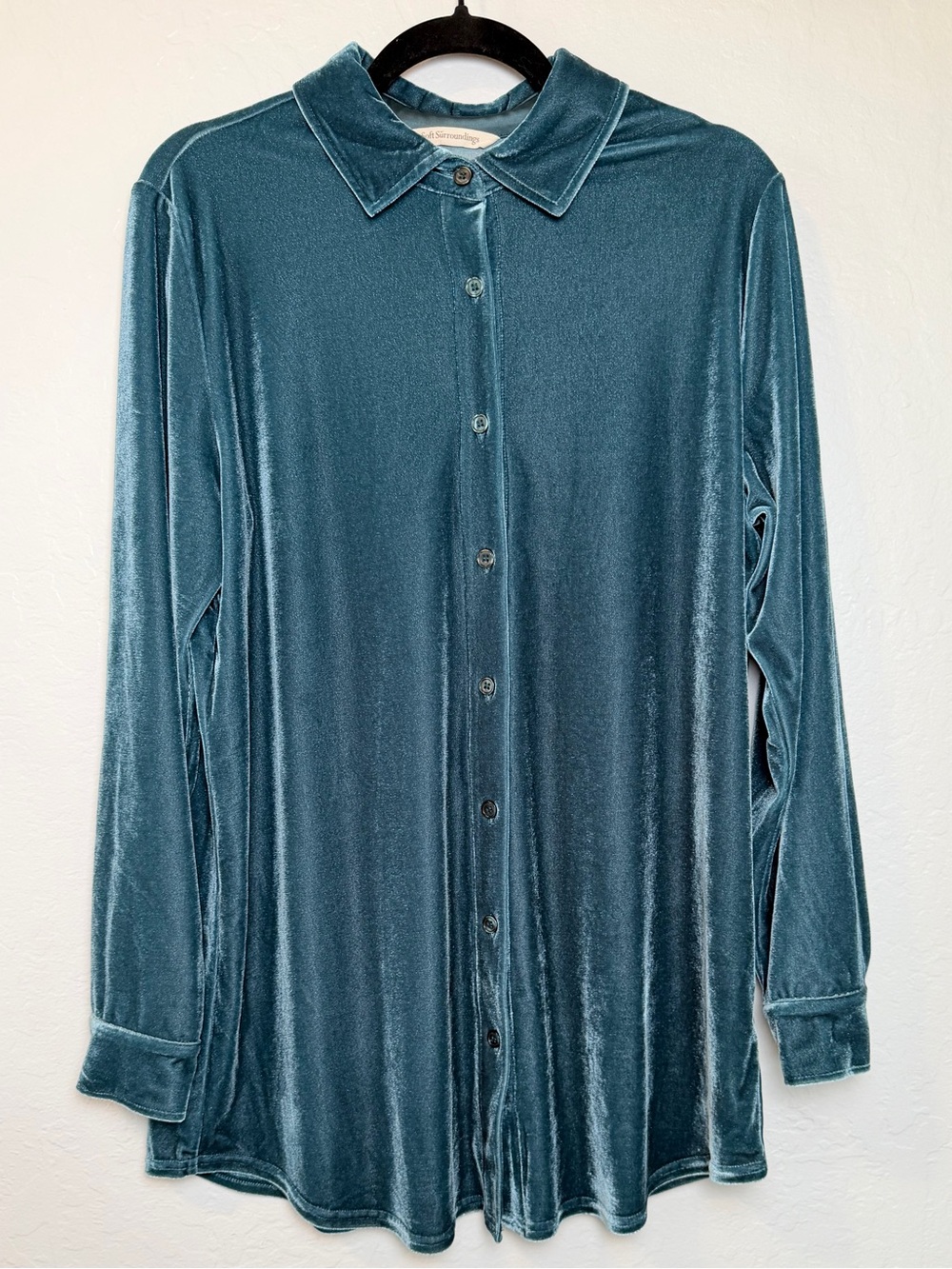 Soft Surroundings Shirt Medium Teal Velvet Boyfriend Button Down Long Sleeve